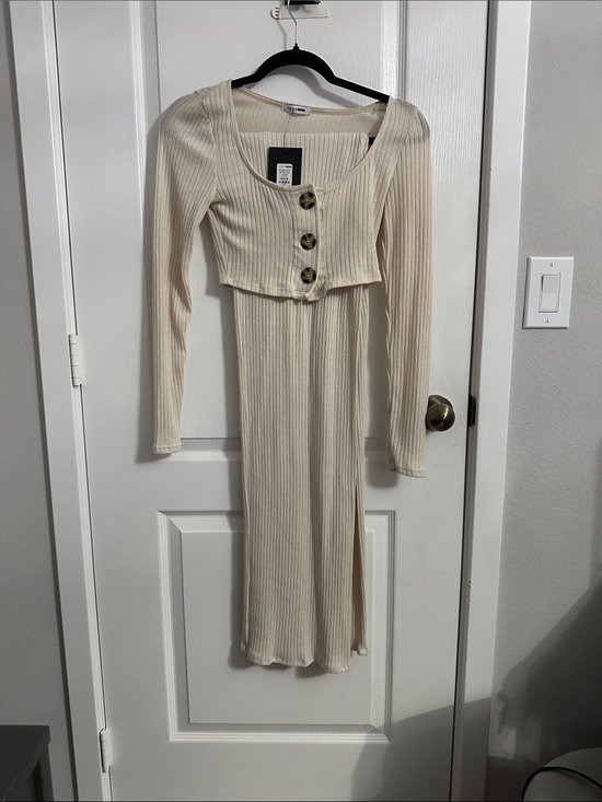Fashion Nova Dresses & Skirts - Ribbed Scoop Neck Long Sleeve Cream crop top two piece outfit with Button Detail